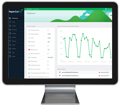 Dashboard Computer Monitor, Papercut MF, Optimum Business Services, Canon, Copystar, Kyocera, Laserfiche, Soquel, San Jose, Monterey, CA, California