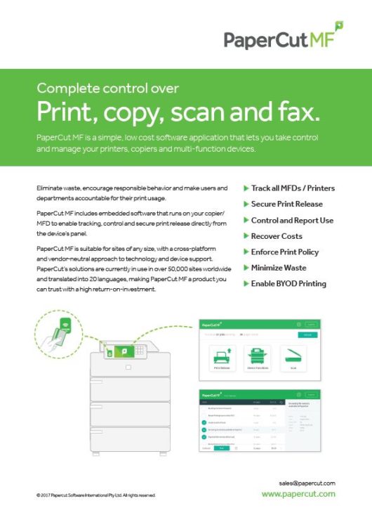 Fact Sheet Cover, Papercut MF, Optimum Business Services, Canon, Copystar, Kyocera, Laserfiche, Soquel, San Jose, Monterey, CA, California